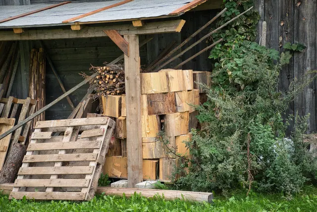 A rustic woodpile beside a wooden shed in a rural Trentino backyard setting, ideal for cozy countryside themes.