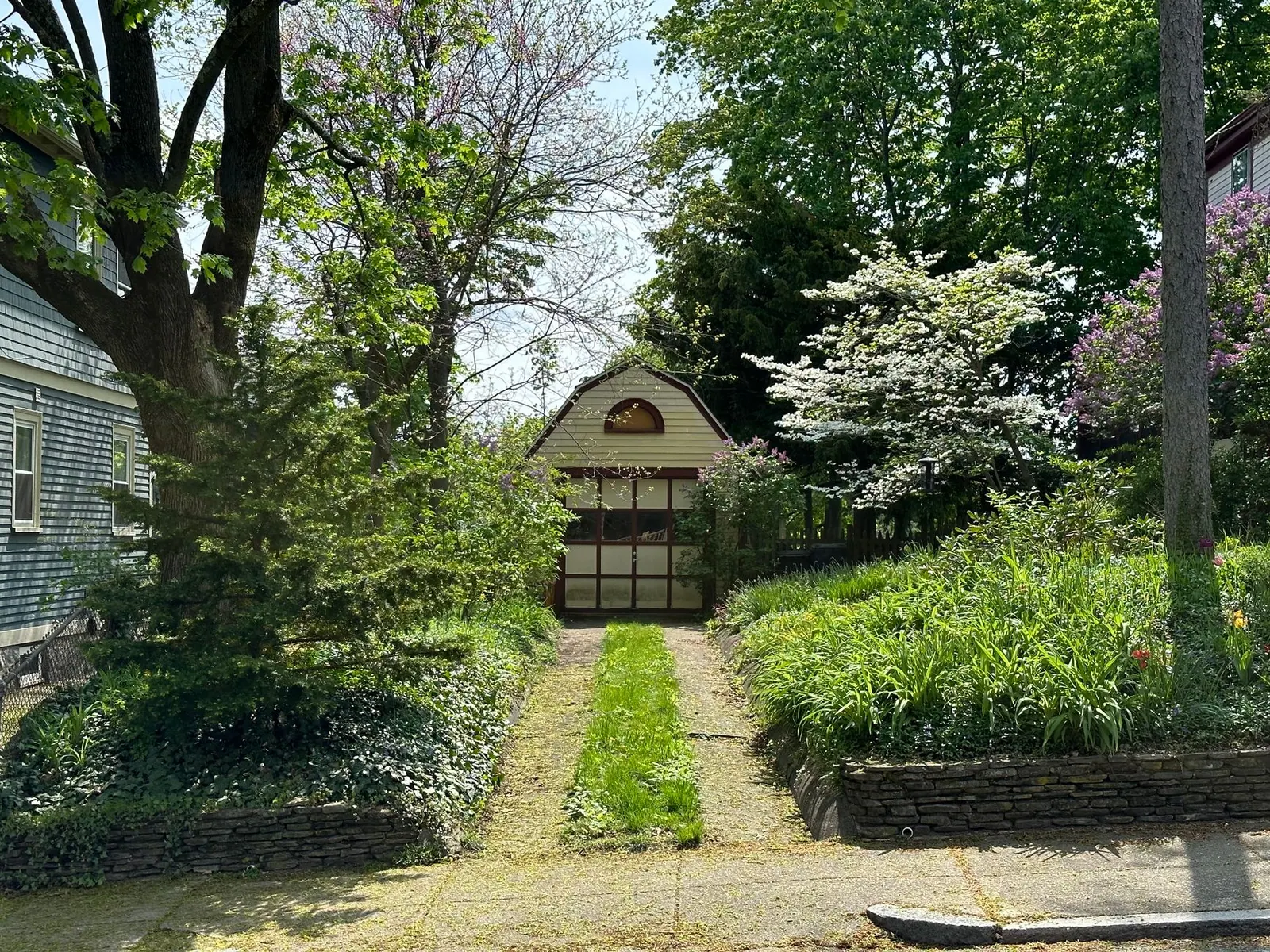 Beautiful garden path leading to a quaint shed surrounded by vibrant greenery.