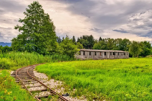 railway rails, wooden shed, log cabin, scale, old, historically, nature, meadow, field
