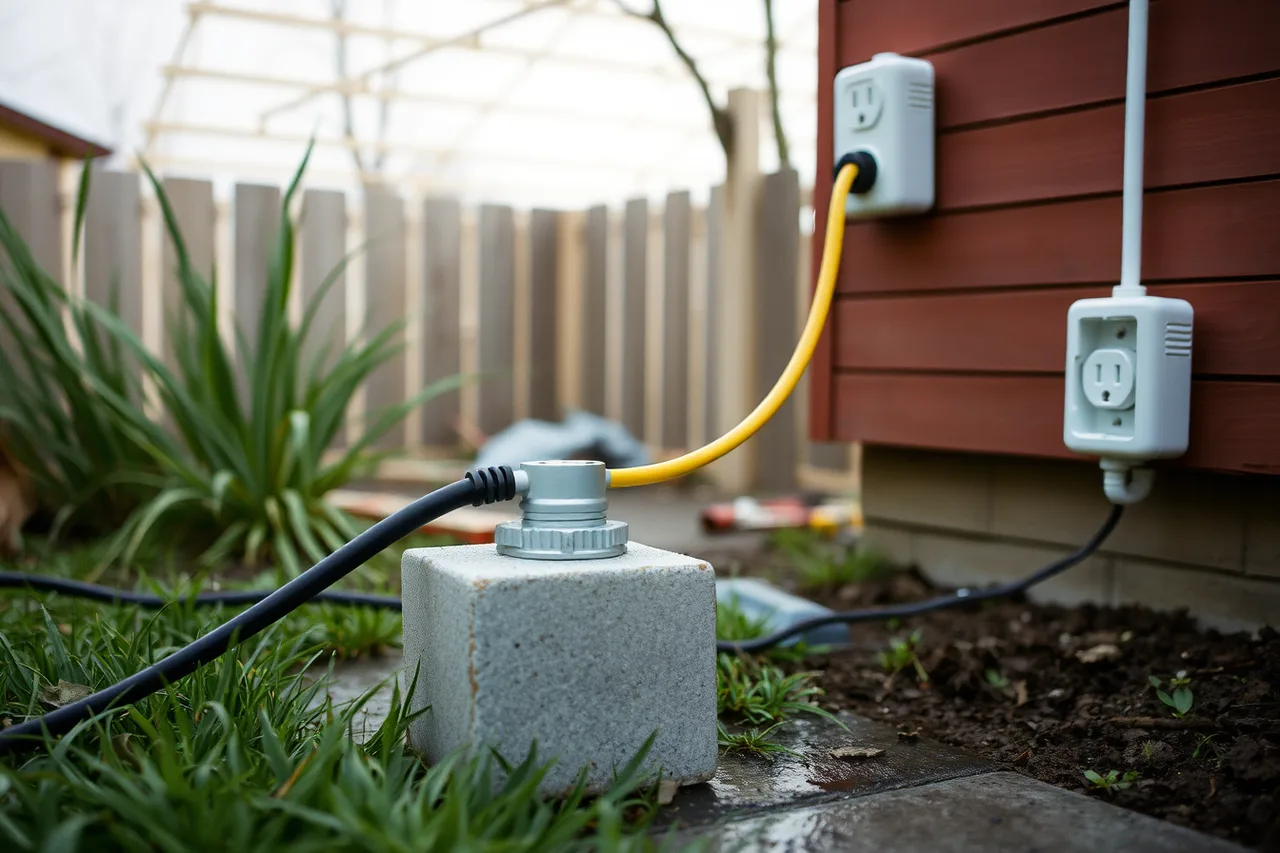 Outdoor extension cords raised off wet grass with protected outlet connections (Getting studio shed construction right the first time)