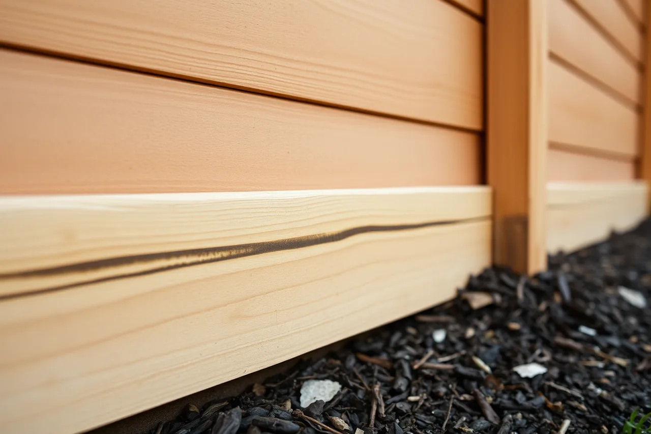 Dark water stain and soft trim at the base of a shed wall (Twice a year is enough to keep a studio shed sound after year one)