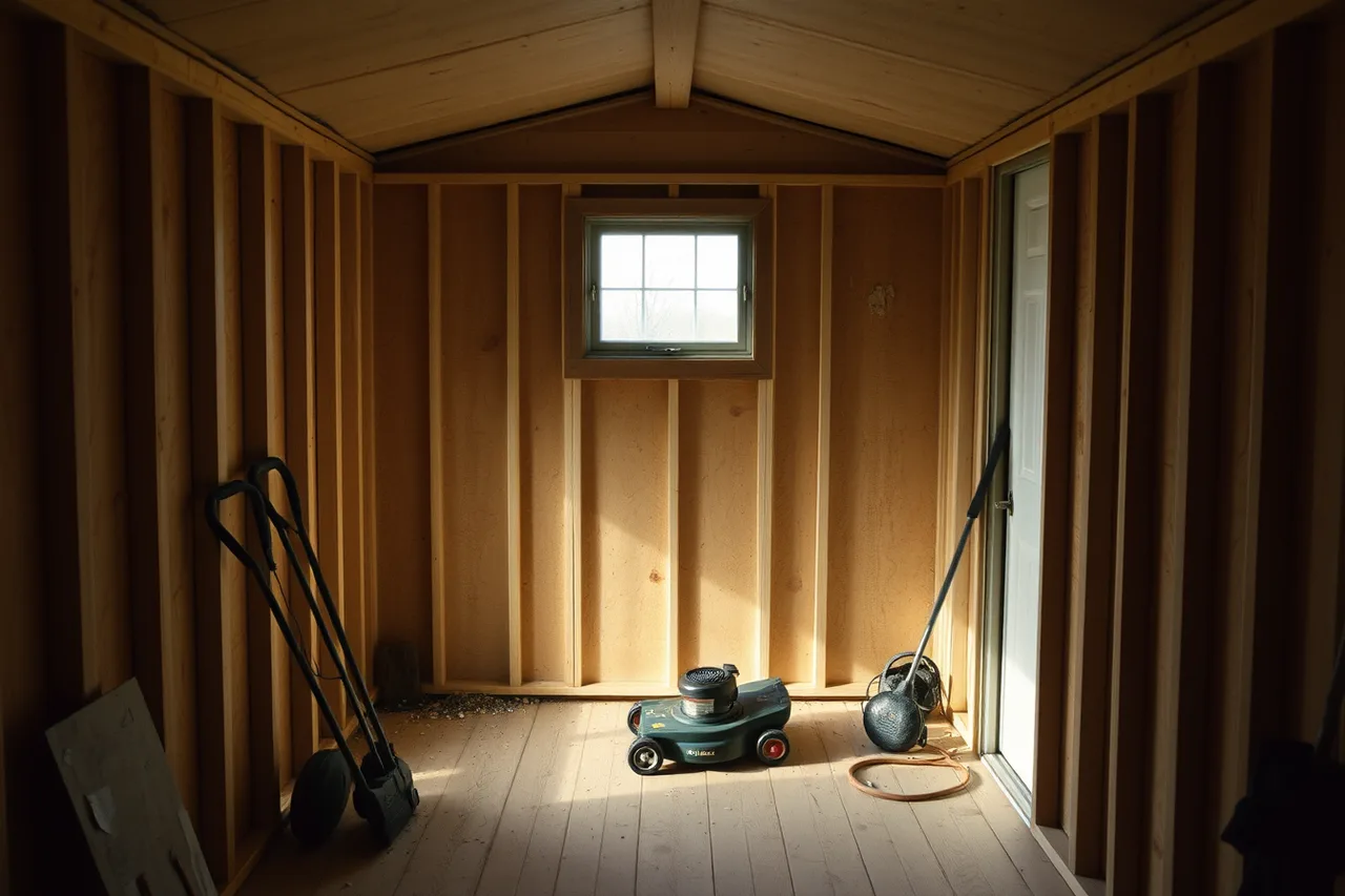 Stock shed interior with thin walls and floor near grade (Can a stock shed really become a usable studio in 2027)