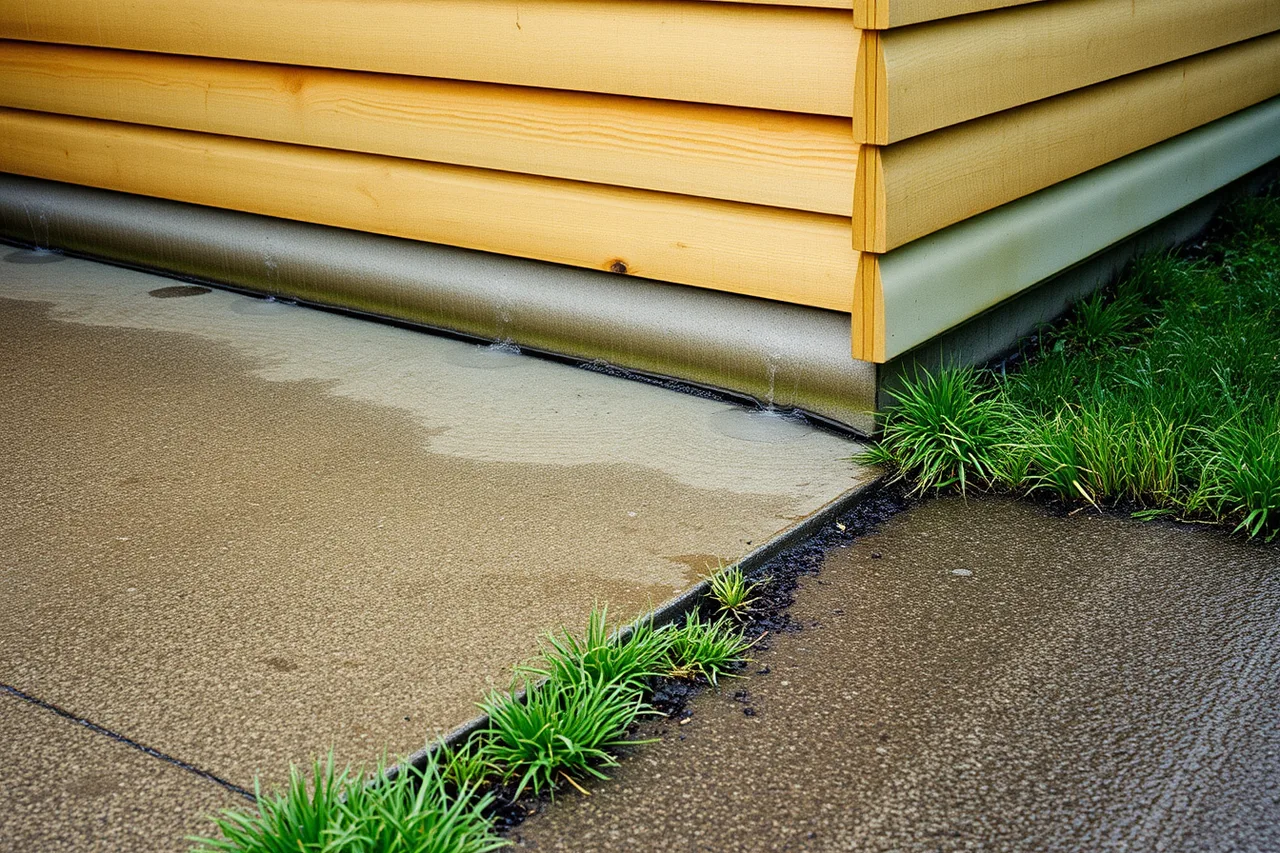 Rain splashing off a path onto the base of a shed wall (Backyard building mistakes that experienced operators still make)