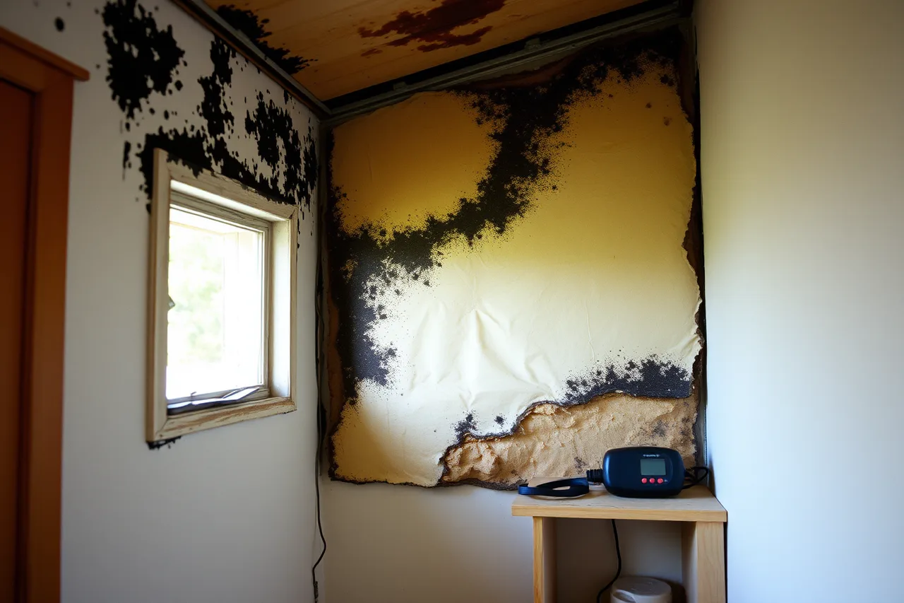 Mould in a shed corner with damp insulation and a data logger (Backyard building mistakes that experienced operators still make)