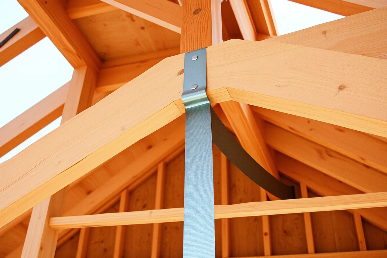 Hurricane tie connecting roof truss to top plate (Coastal, prairie or northern: choosing materials for a Canadian studio)