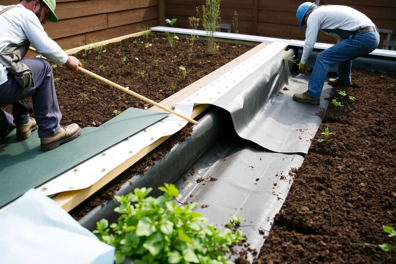 Workers installing a green roof on a small garden room (Garden room, garage or pod: comparing backyard workspace designs)