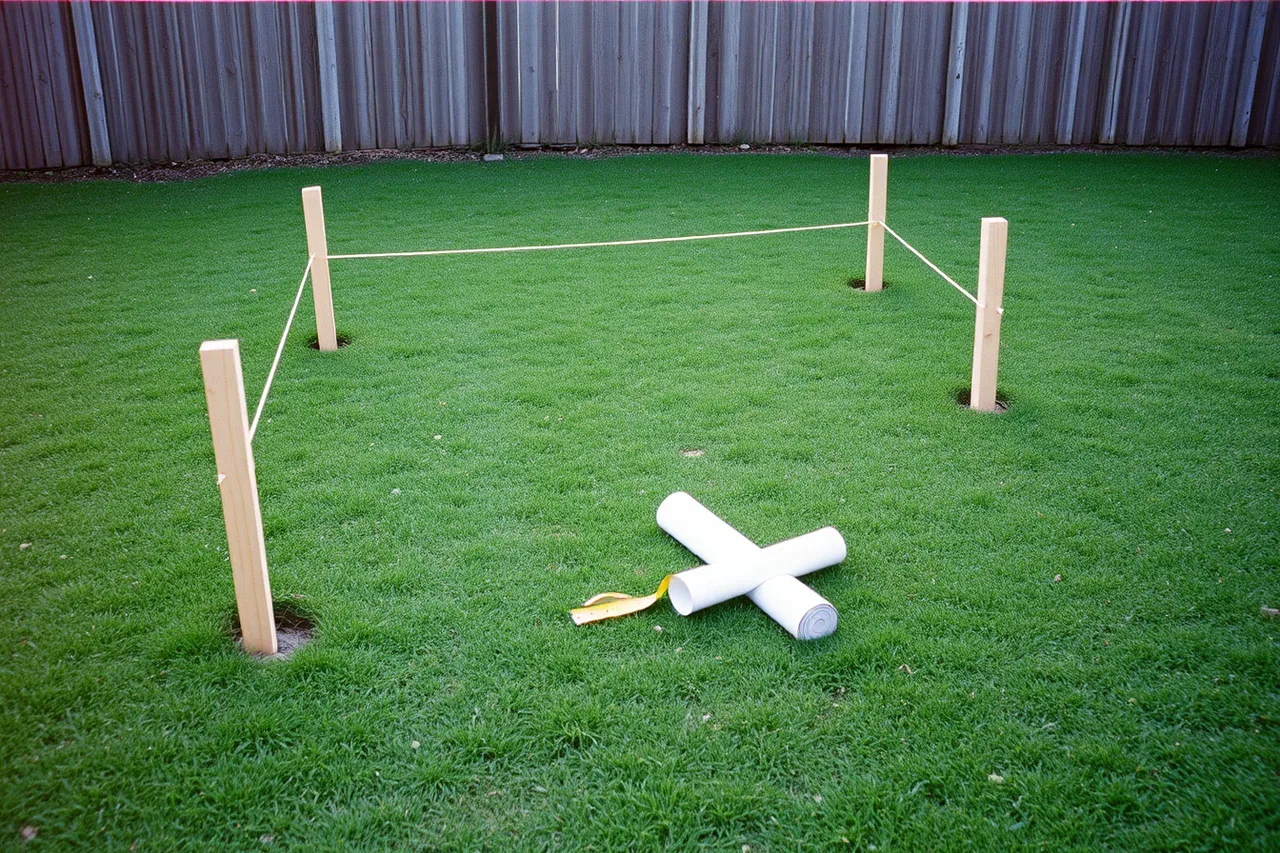 Wooden stakes and string outline a full-size studio footprint on a lawn (Siting, power and sound: what real backyard workspace projects teach)