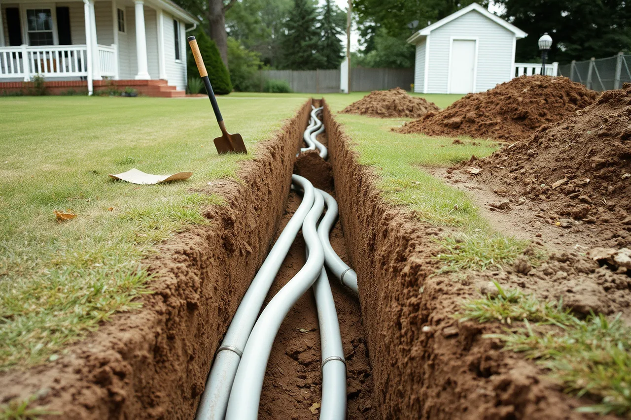 Open trench with conduit running from house to backyard outbuilding (Siting, power and sound: what real backyard workspace projects teach)