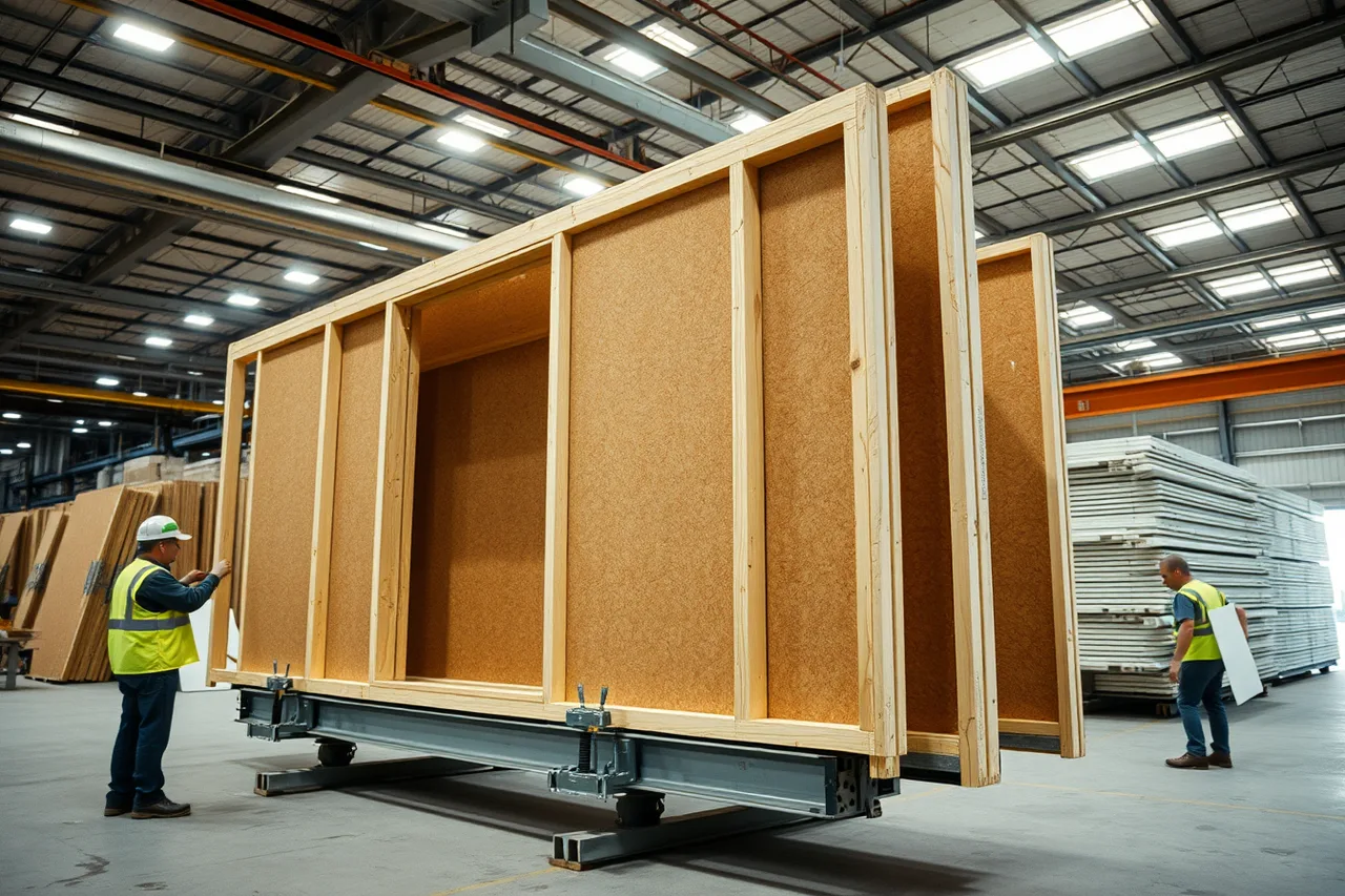 Prefab wall panel clamped in a factory jig (Reading prefab studio sheds with a sceptical eye)