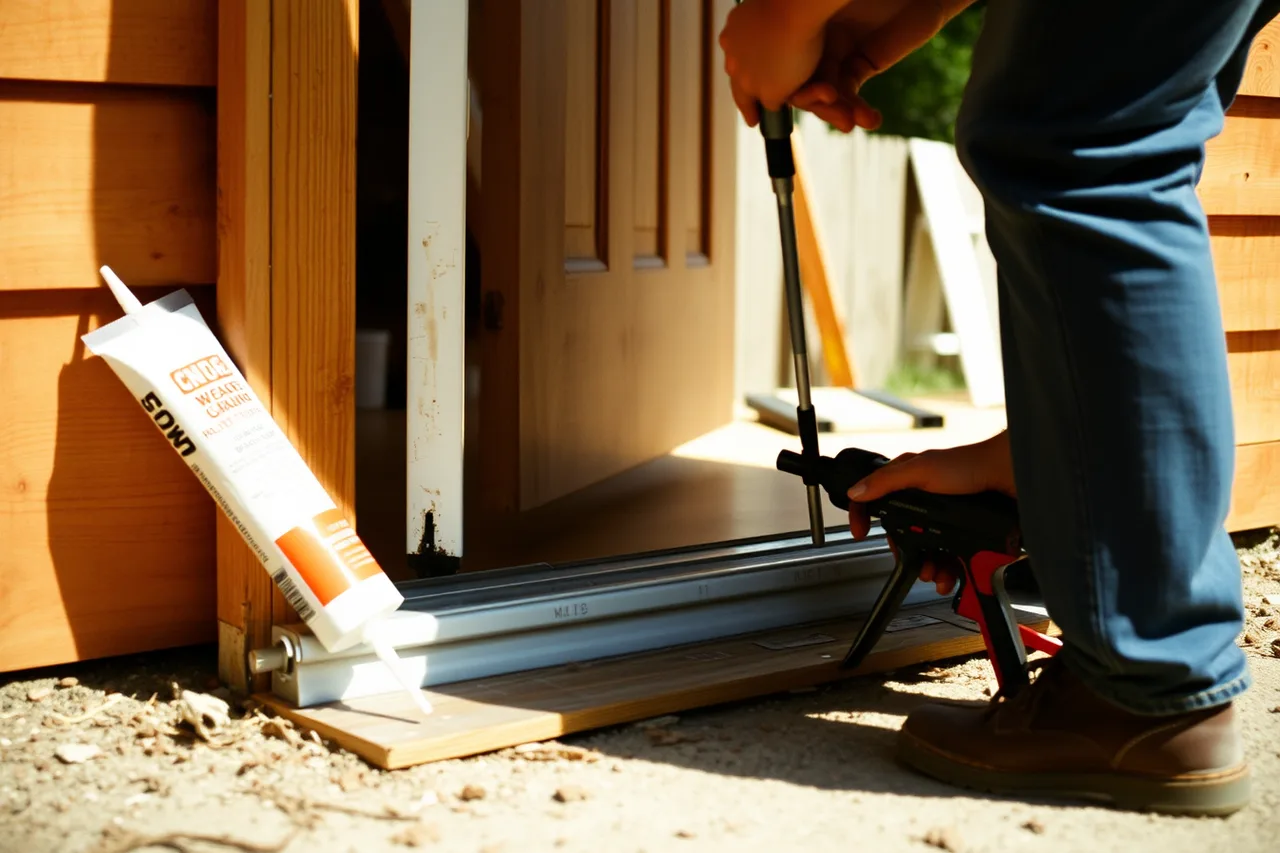 Hands sealing a shed door threshold and sill plate with caulk (How to Heat a Backyard Studio Through a Canadian Winter Without Overspending)