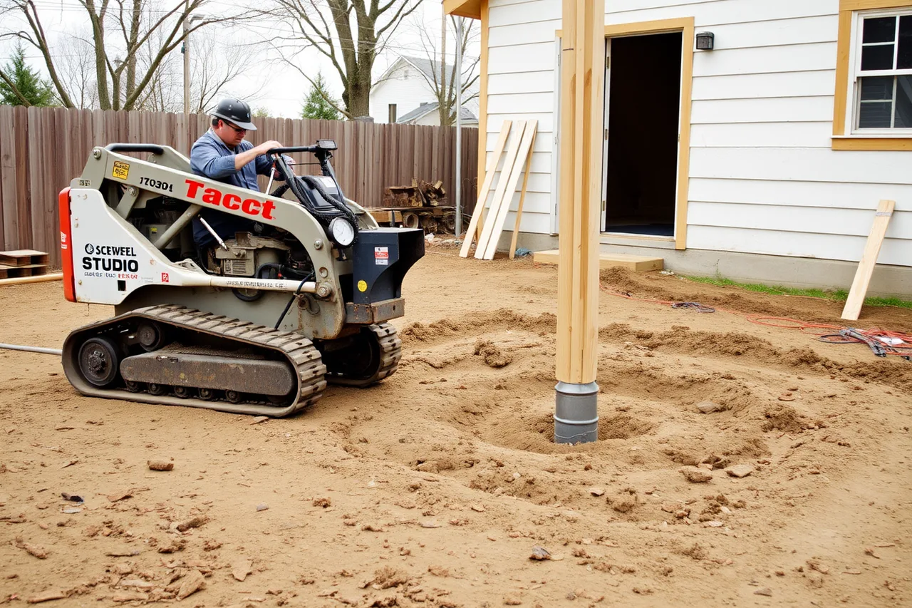 Screw pile driver installing a helical pile at a studio corner (6 notes on studio shed construction worth reading)
