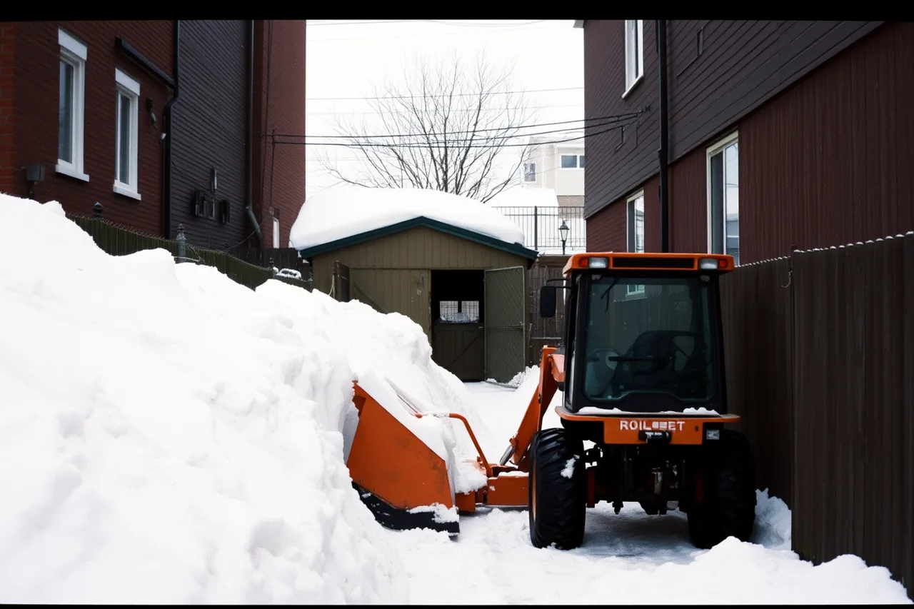 Snow loader clearing a narrow Montreal rear alley in winter (How Montreal plateau lots and French-language permits shape a studio build)