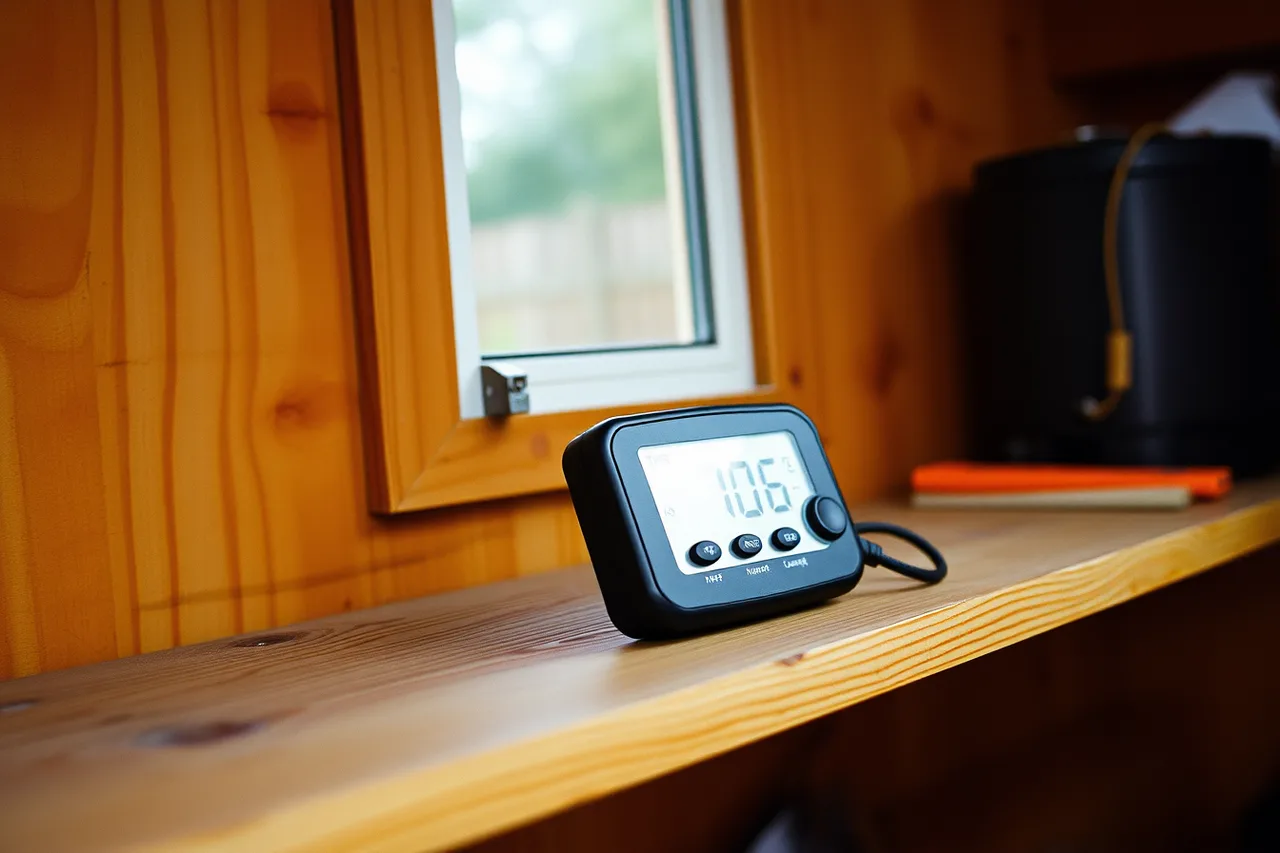 Temperature and humidity logger on a shed shelf (Small trials worth running before you commit to a prefab studio shed)