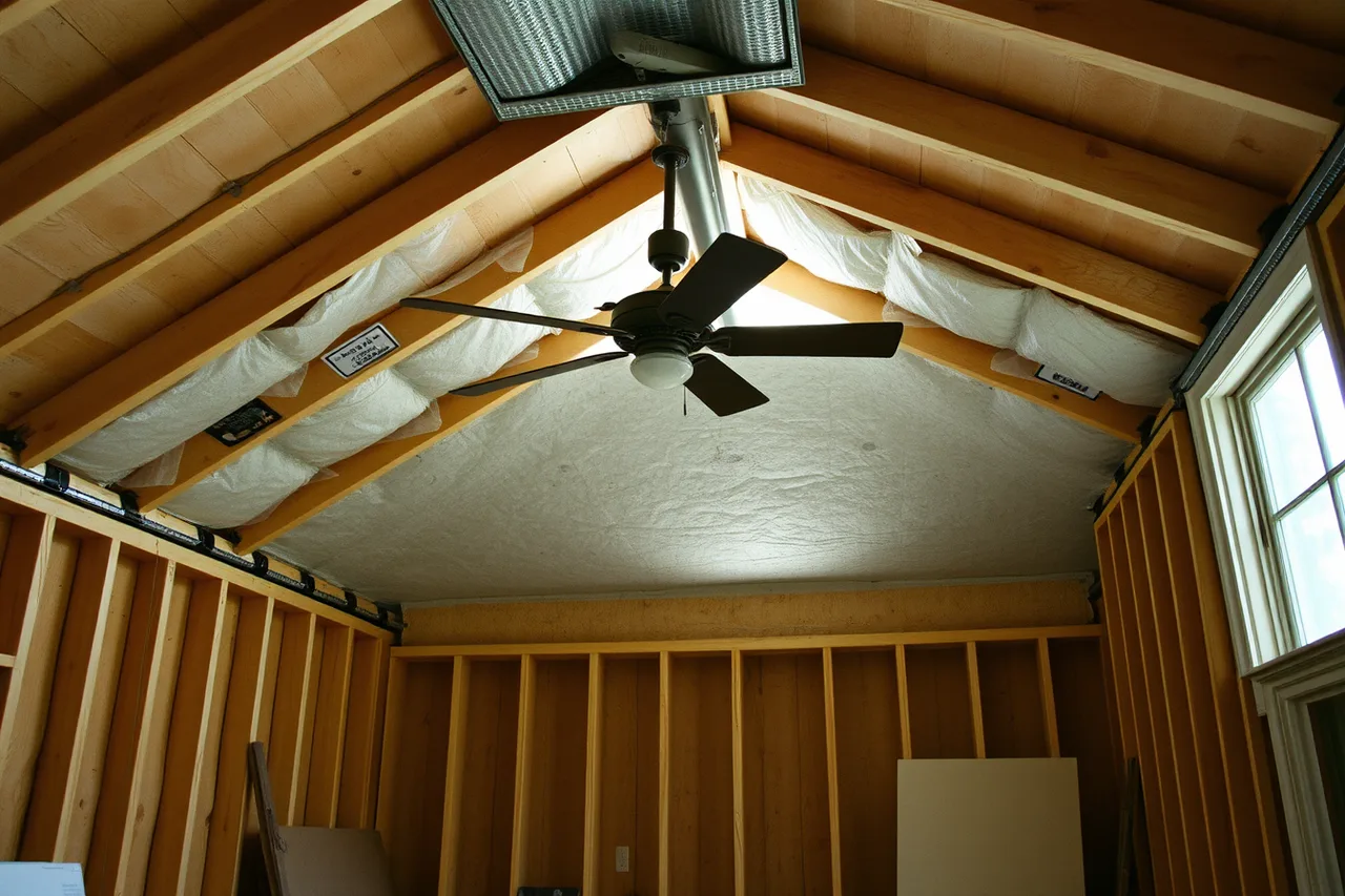 Exposed roof rafters in a studio with insulation fitted between them (Ways to add space to a backyard studio without a full addition)