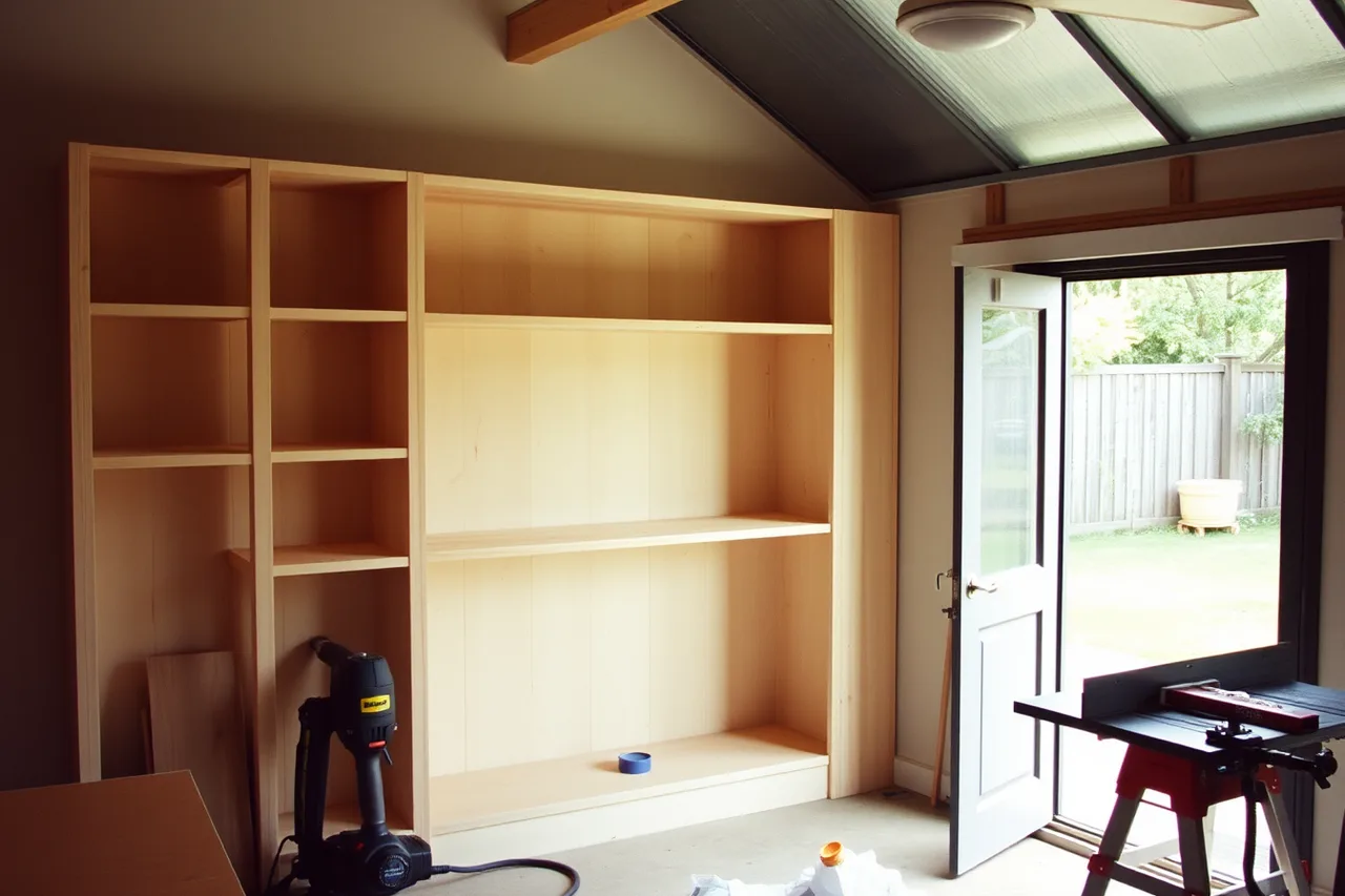 Shallow full-height built-in shelves being fixed along a studio wall (Ways to add space to a backyard studio without a full addition)