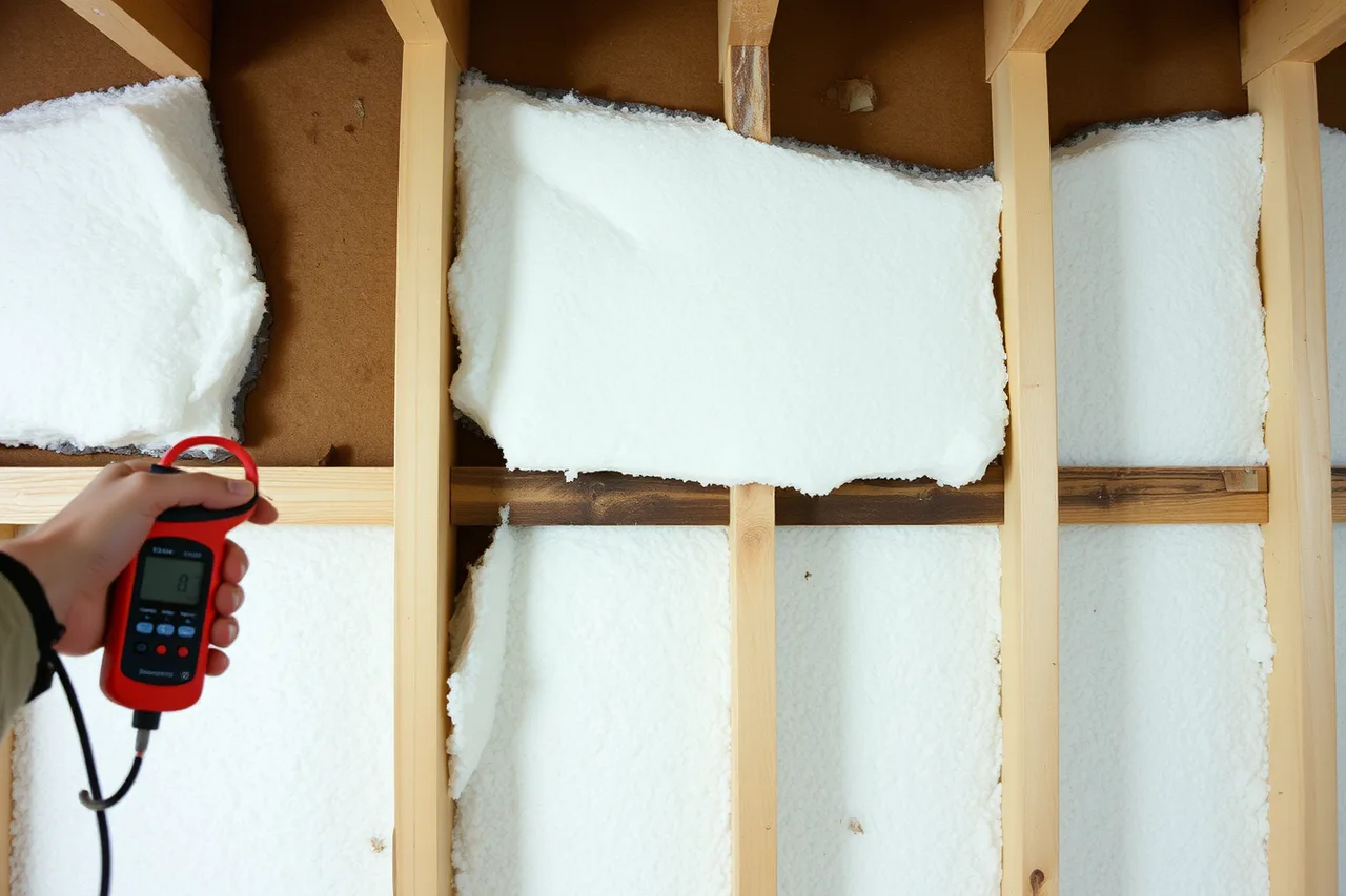 Spray foam over damp framing with moisture meter reading (Studio insulation lessons: what goes wrong when nobody checks first)