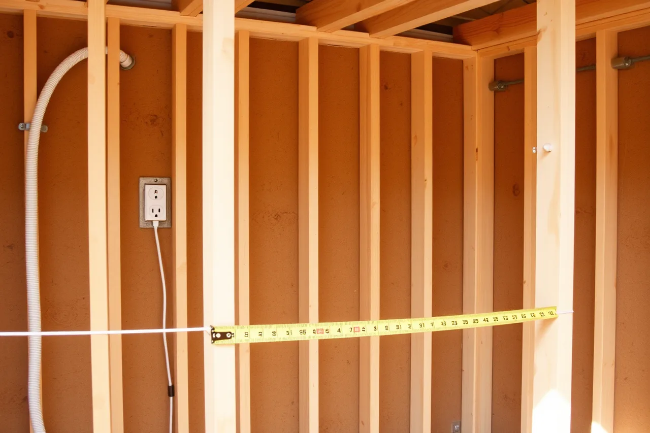 Open stud wall with rough wiring and a tape measure across the framing (Studio shed construction: a grounded overview (2027 update))