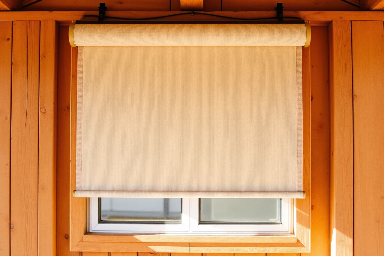 Exterior roller shade partly lowered over a shed studio window (Studio shed products worth trialing reviewed: what holds up and what does not)
