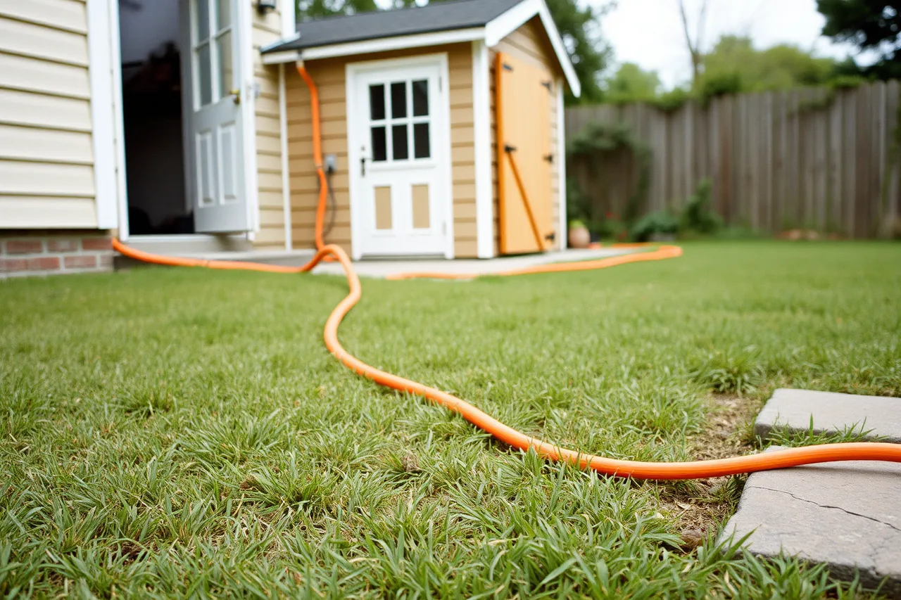 Extension cord running across lawn into a backyard shed (What homeowners regret about backyard studio spending: a closer look)