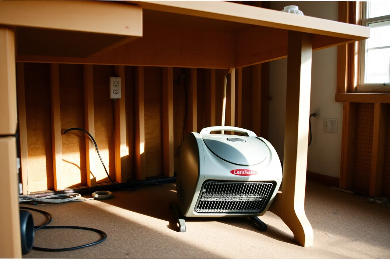 Portable space heater under a desk in a bare backyard studio (What homeowners regret about backyard studio spending: a closer look)
