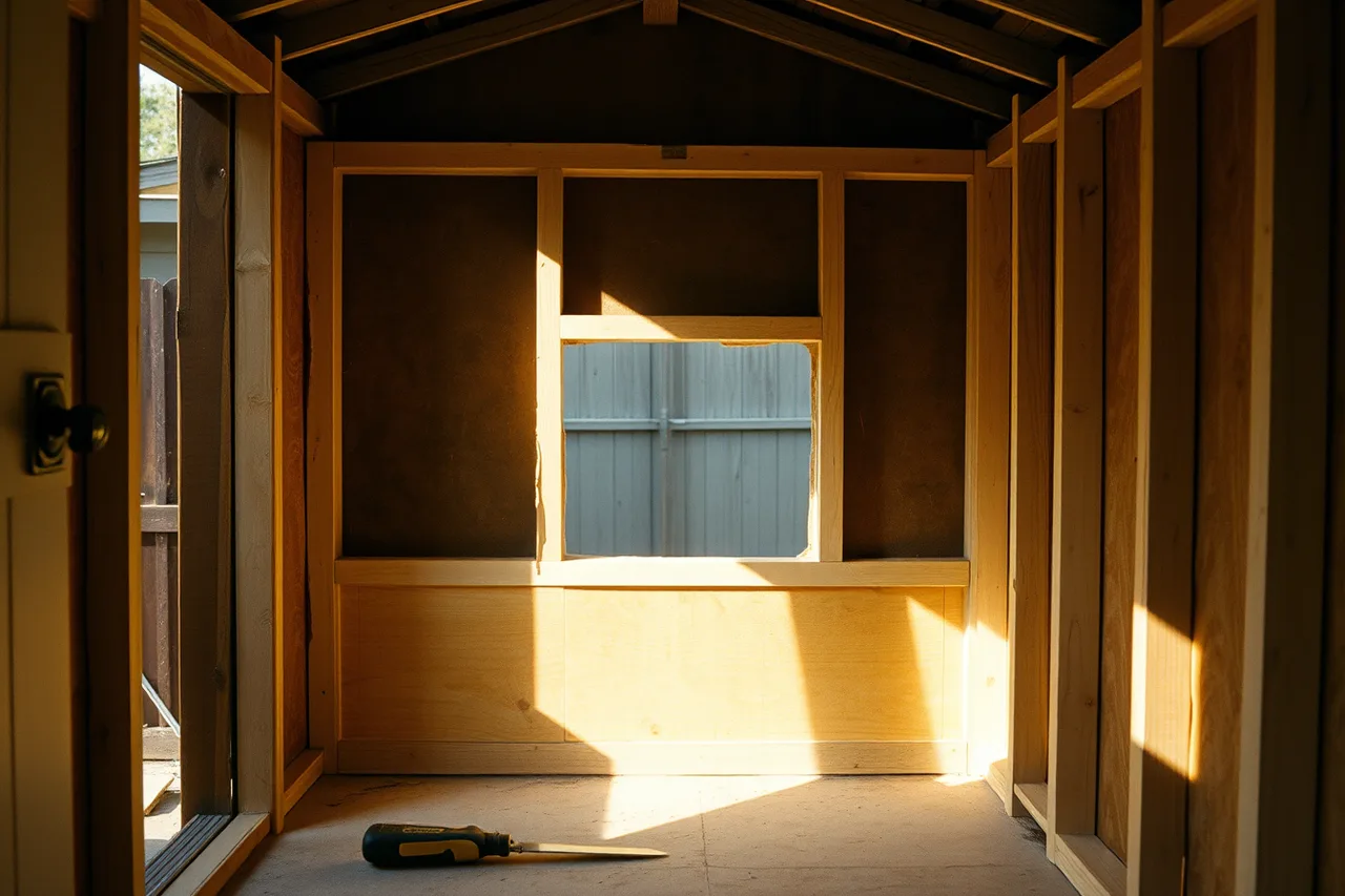 Cut-away of shed wall lining exposing bottom plate and studs (Backyard studio makeovers: what to keep and what to drop for 2027)