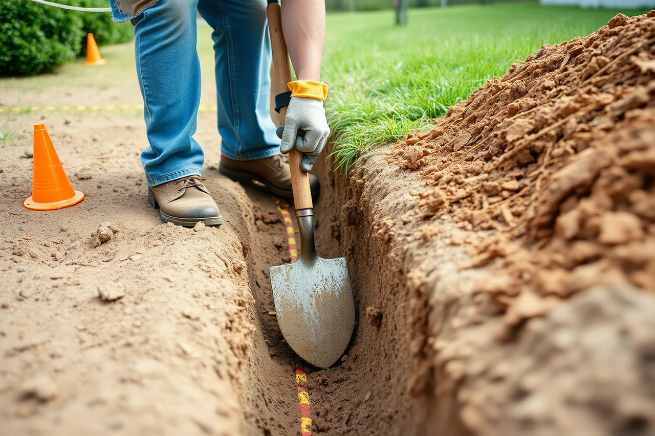 Person hand digging a trench beside utility locate flags, spoil piled back from the edge (Where backyard studio projects most often go off track: the honest picture)