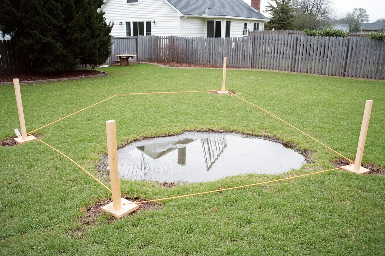 Staked-out building footprint on lawn with string lines and a rain puddle inside (Where backyard studio projects most often go off track: the honest picture)