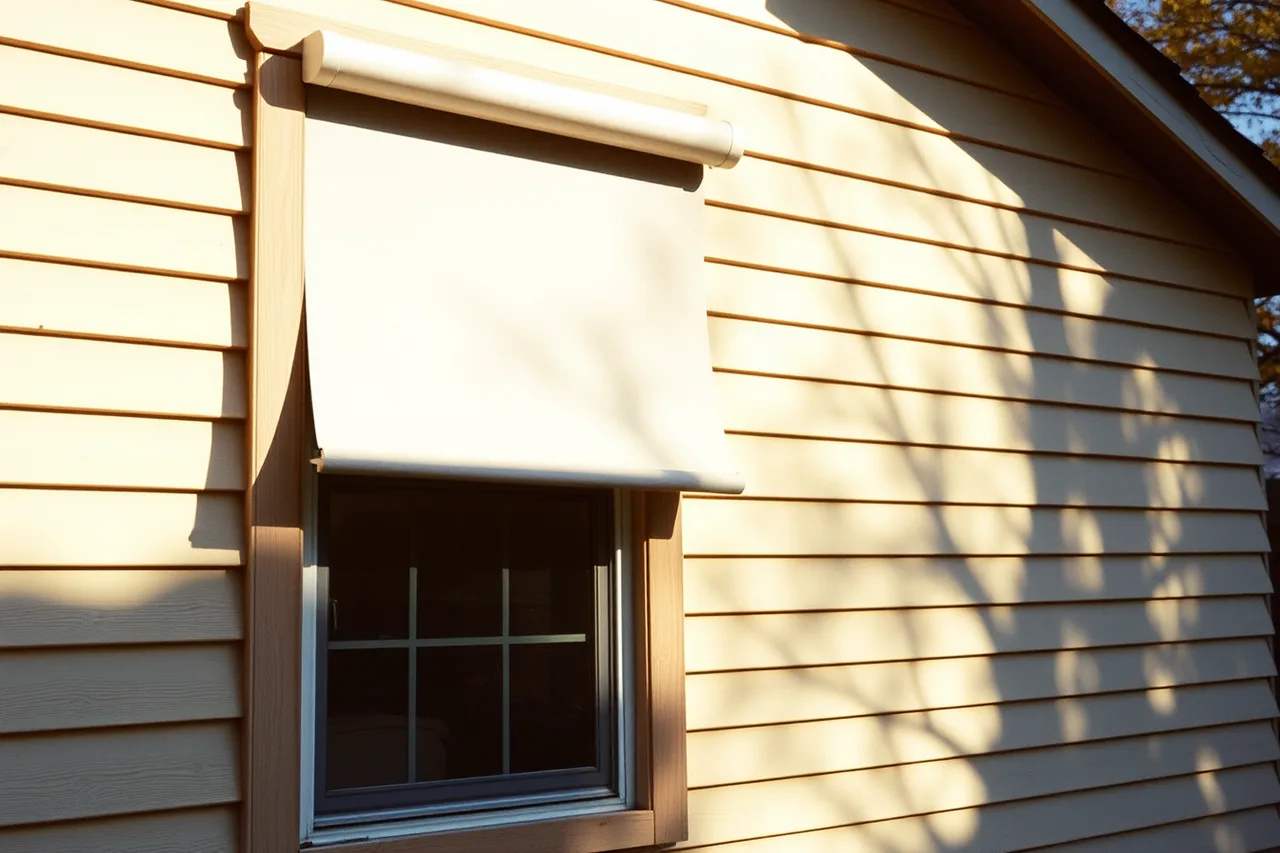 Exterior shade panel mounted over one sunny shed window (Which studio shed upgrades add value you feel every day, in plain terms)